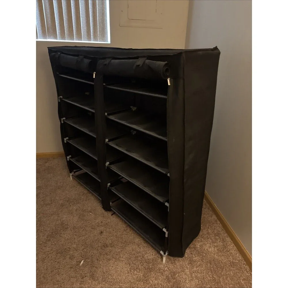 6 Tier Shoe Rack with Dustproof Cover Simple Shoe Rack Non-Woven Shoe （black）